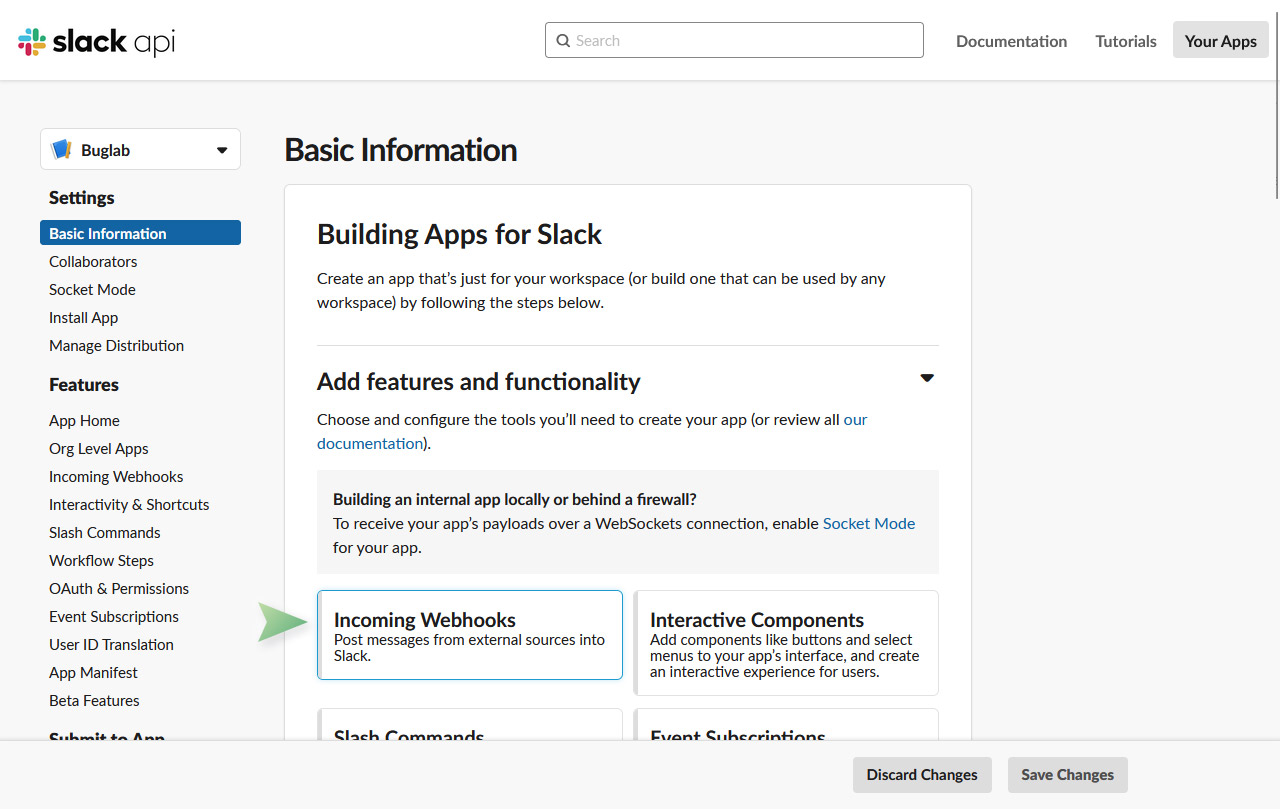 The webhooks interface in Slack.