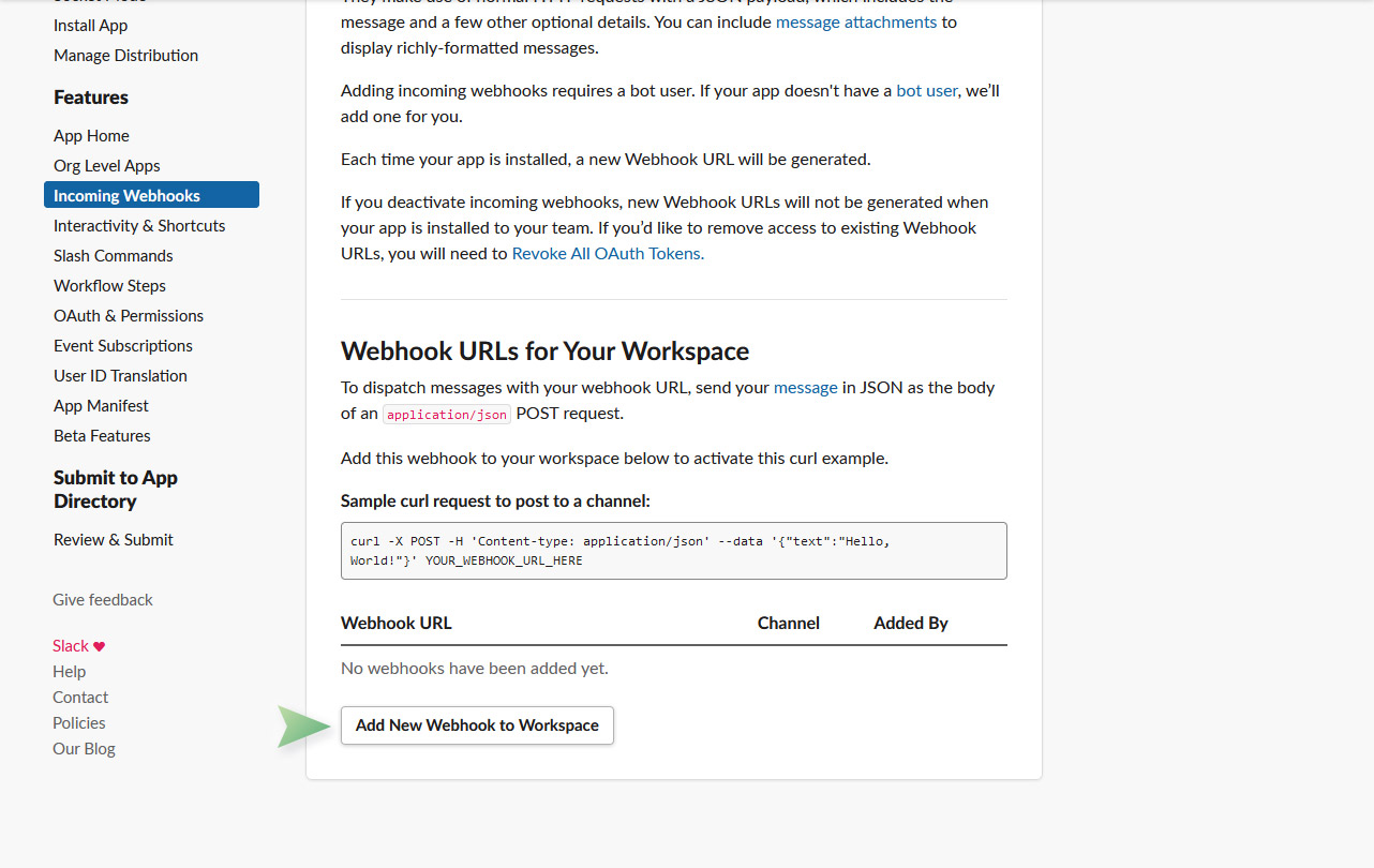 How to add a new webhook in your Slack workspace.