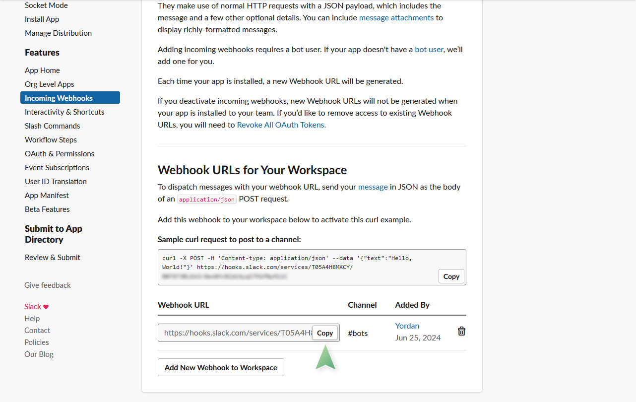 How to copy your webhook URL.